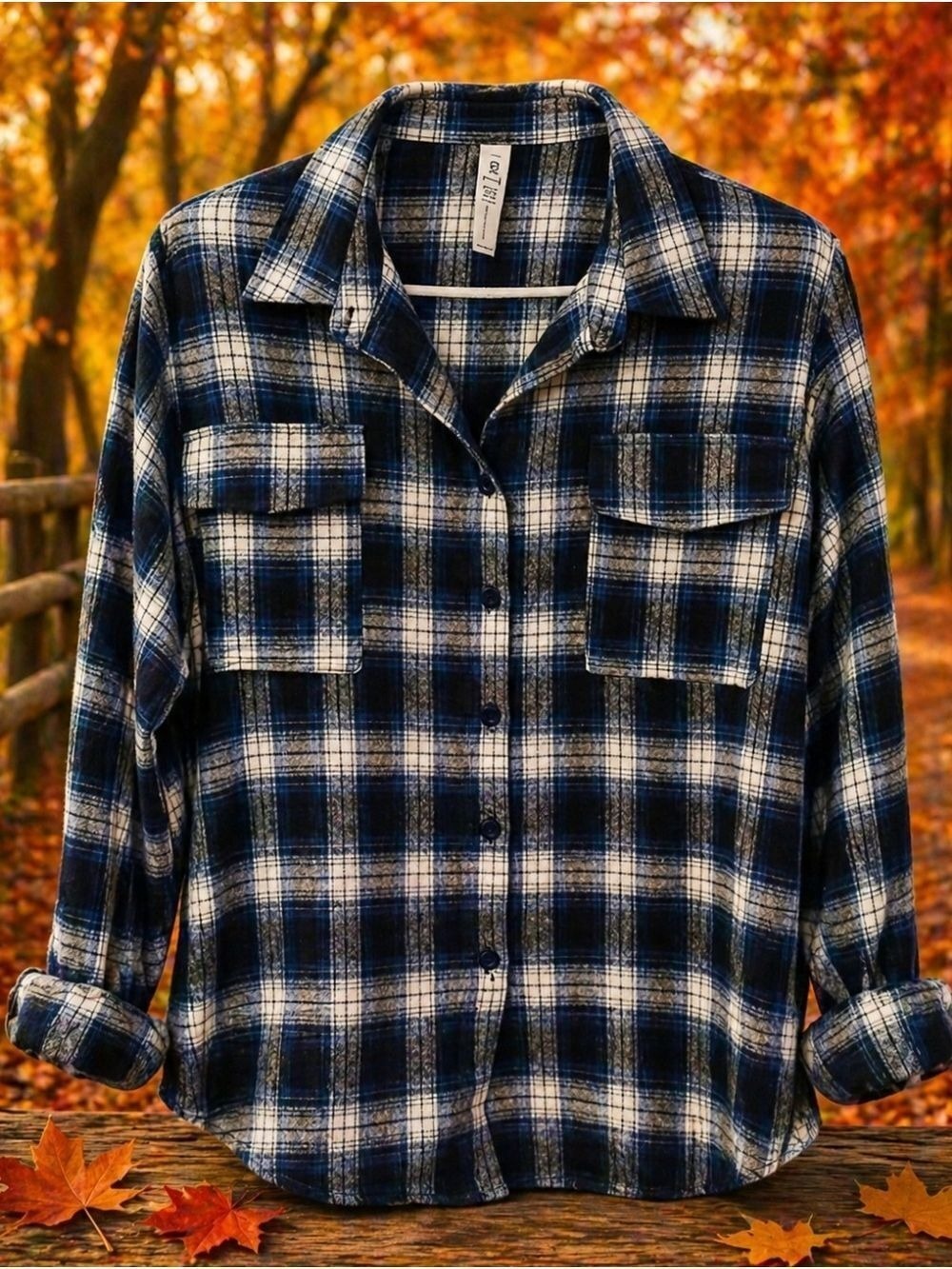 Blue White Plaid Button Down Shirt Large